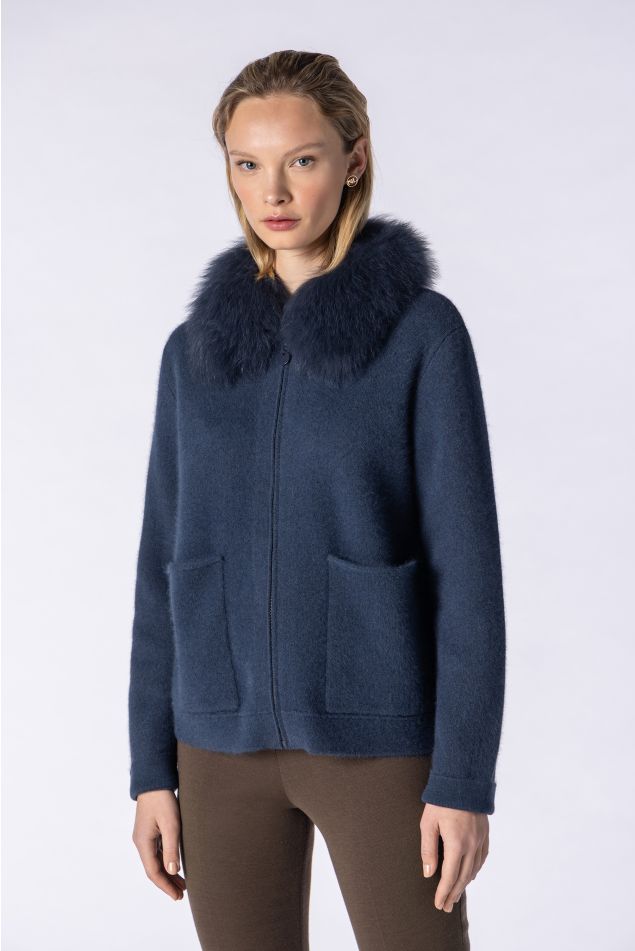 Chaqueta de punto con cuello de pelo natural