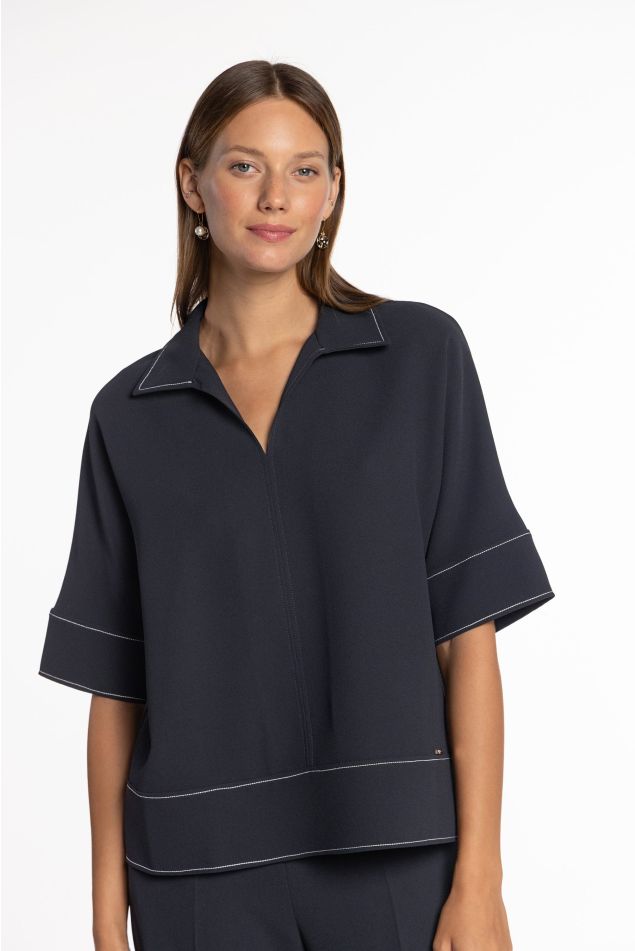 Double Crepe Blouse with Contrast Stitching