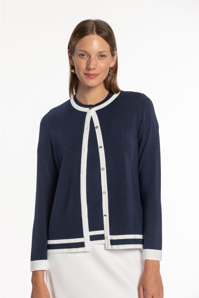 Two-tone knit cardigan with contrast trims
