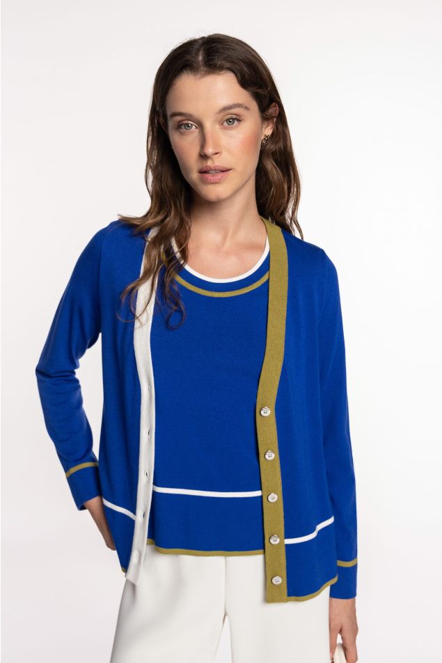 Knit Cardigan with Tricolor Striped Trims