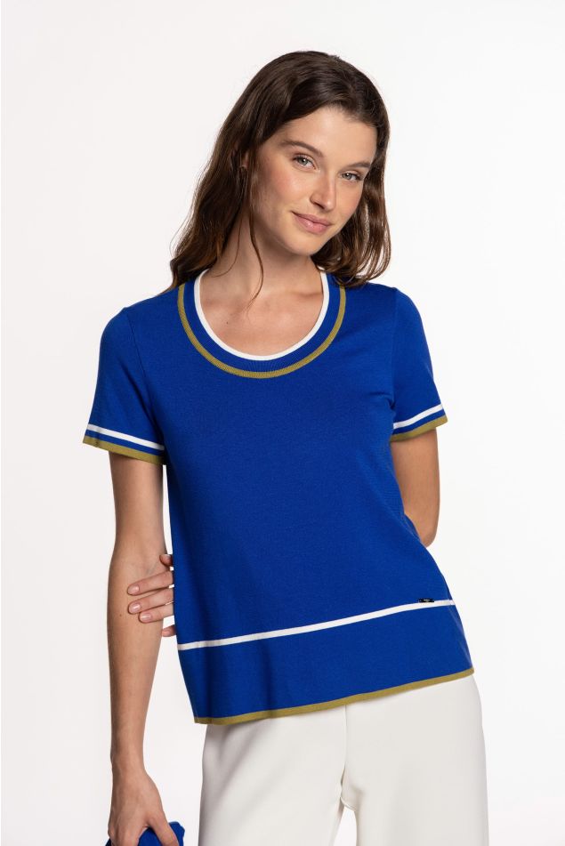 Tricolor Knit Sweater with Contrast Trims