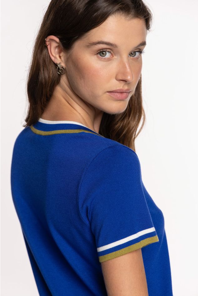 Tricolor Knit Sweater with Contrast Trims