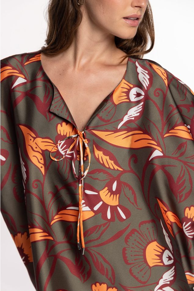 Caftán de twill floral com lazada