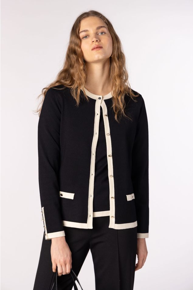 Two-Tone Knit Cardigan with Contrast Trims