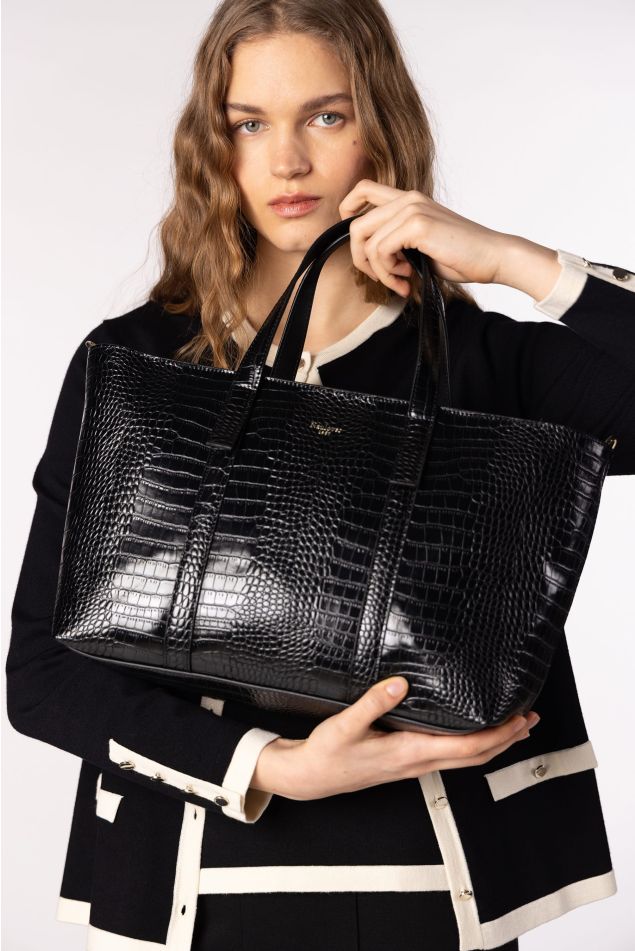 Croc-Effect Rectangular Shopping Bag