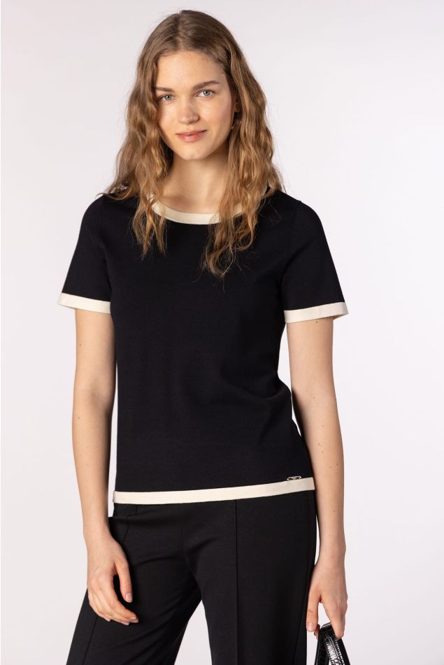 Short-Sleeved Knit Sweater with Contrast Trims