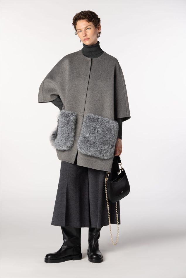 Wool-blend cape with faux fur pockets