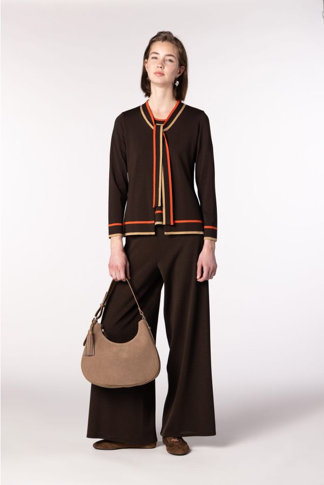 Knit Twinset with Contrast Trims and Bow Detail