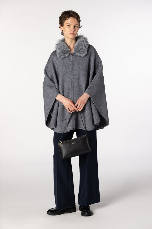 Knit cape with natural raccoon fur collar