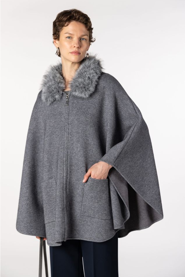 Knit cape with natural raccoon fur collar