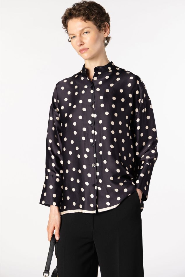 Polka Dot Print Satin Shirt with Mao Collar