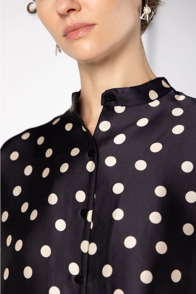 Polka Dot Print Satin Shirt with Mao Collar