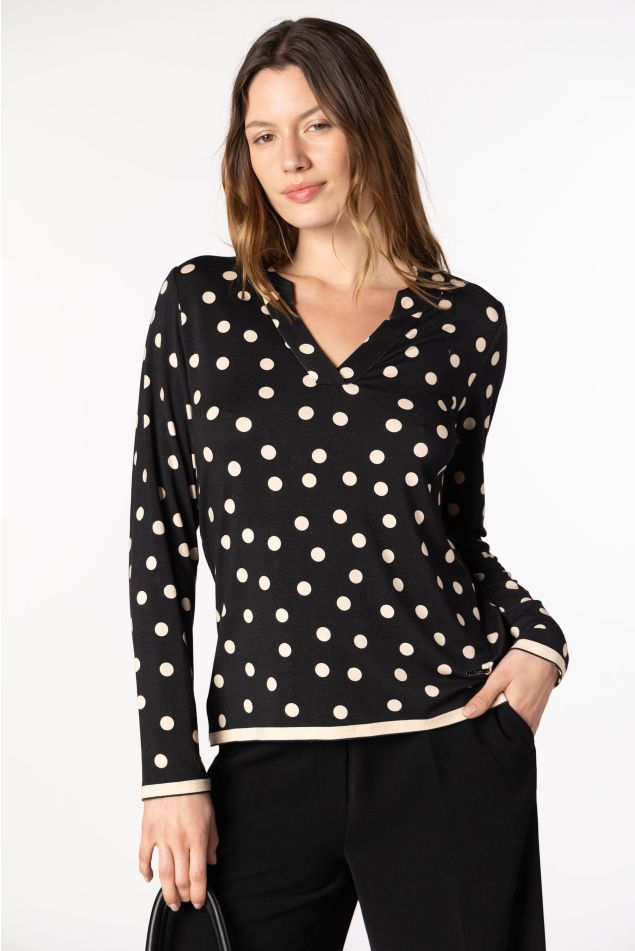 Polka Dot Print Top with Mao Collar