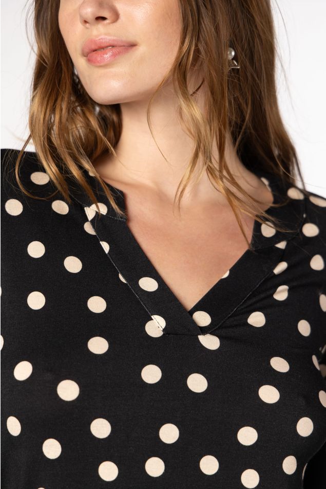 Polka Dot Print Top with Mao Collar