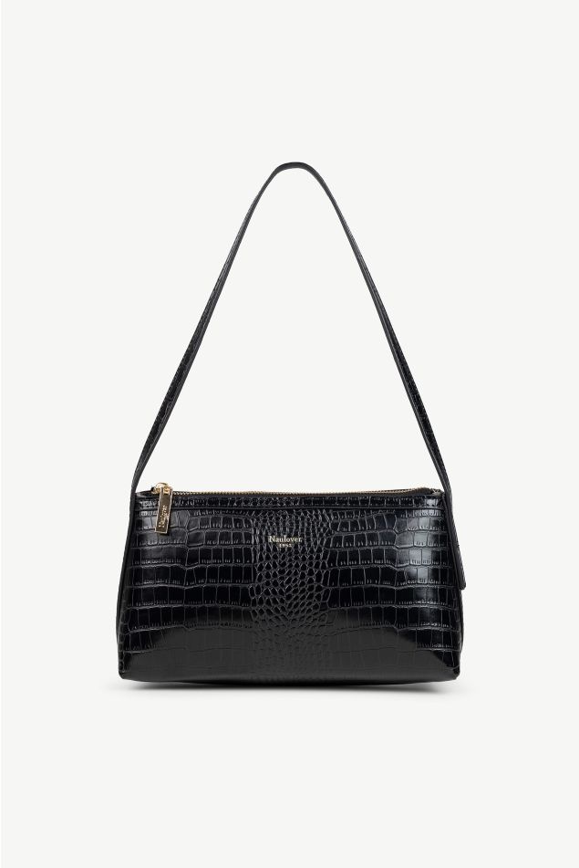 Small triangular baguette bag in crocodile-effect vegan leather
