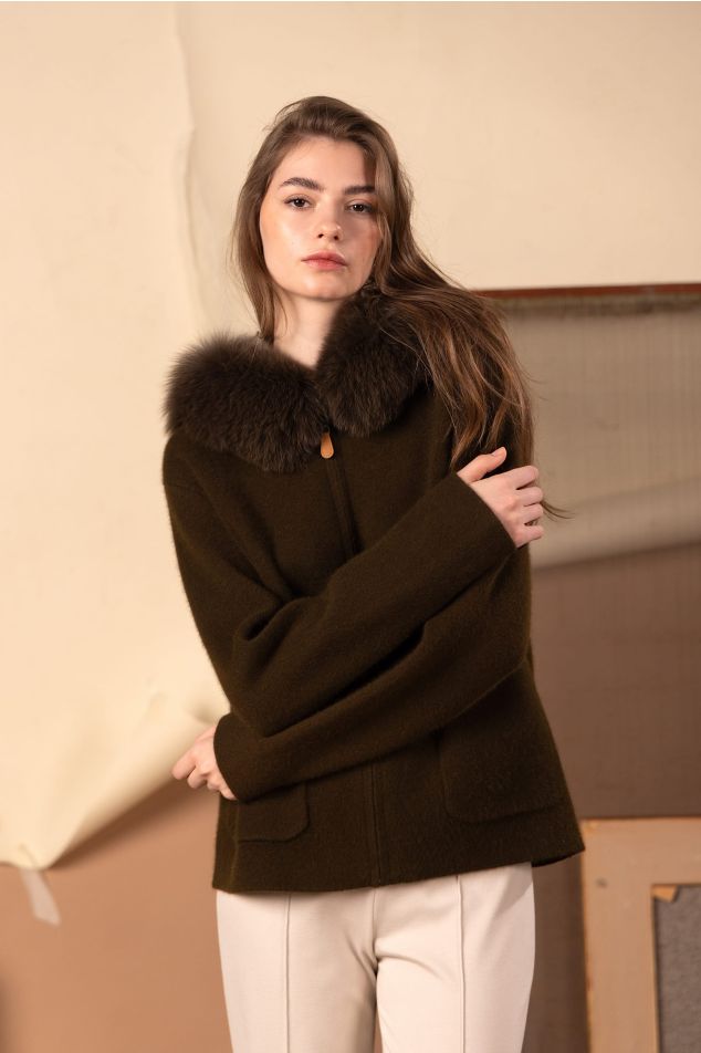 Knit Jacket with Hood and Natural Fur