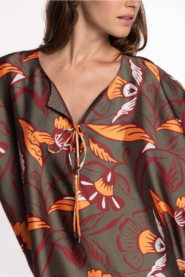Caftán de twill floral con lazada