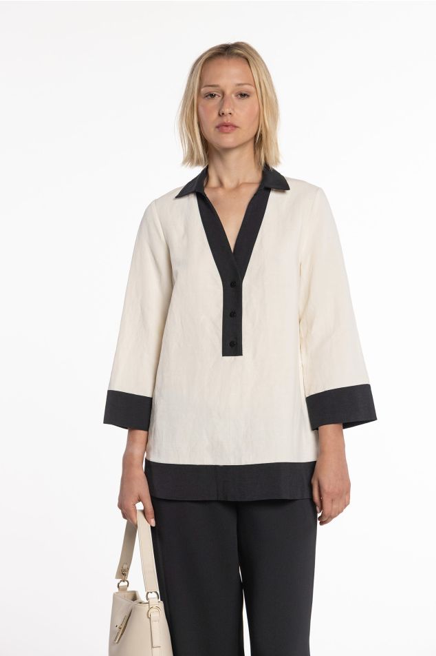 Brusa bicolor amb coll de camisa