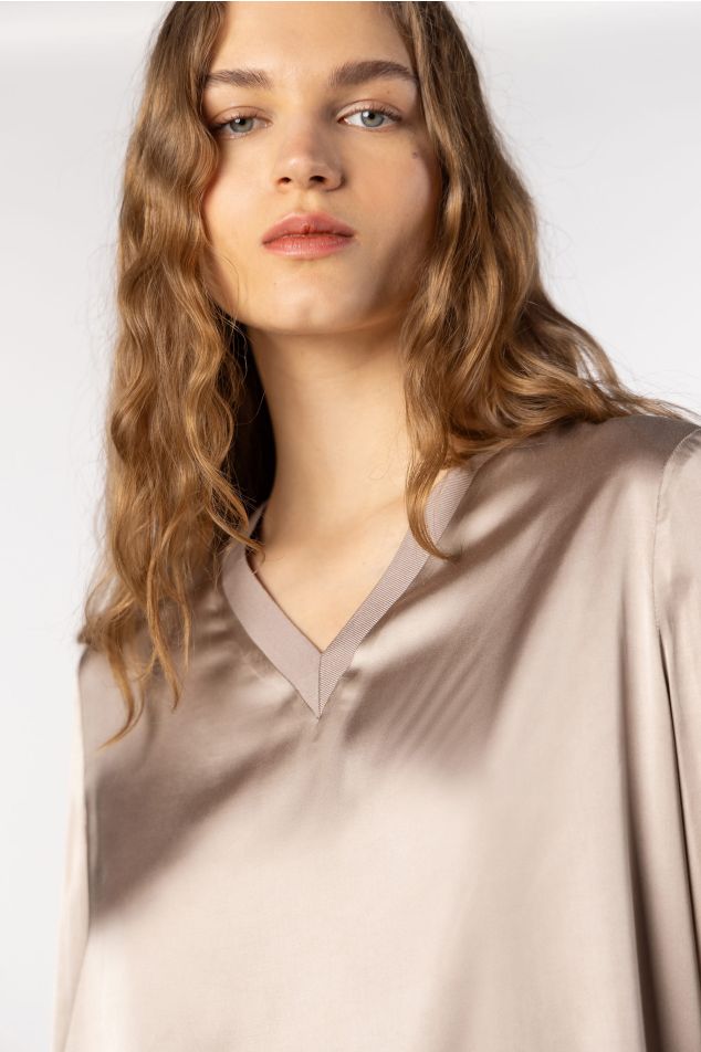 Satin Blouse with Ribbed V-Neck