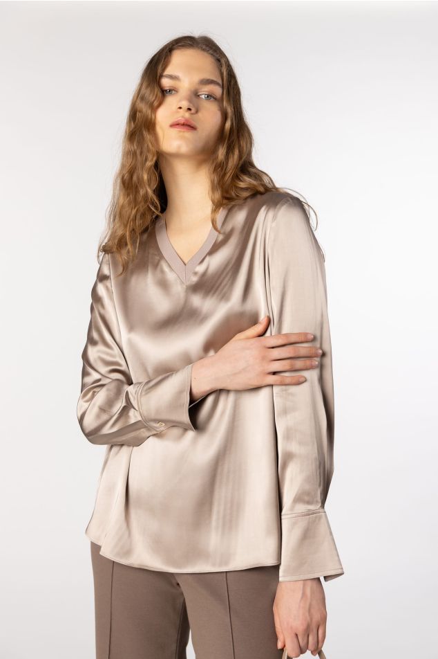 Satin Blouse with Ribbed V-Neck