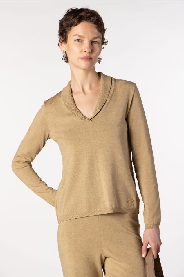 Plain Knit Sweater with Lapel Neckline