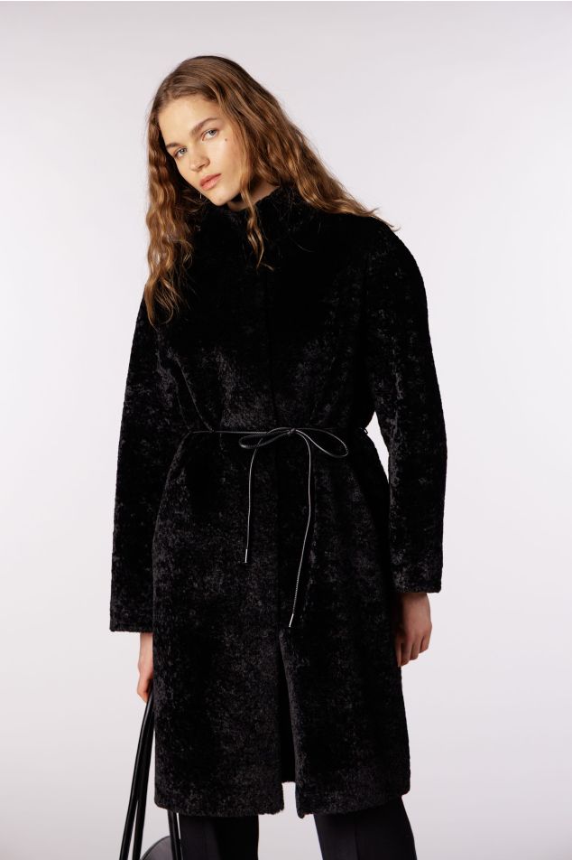 Astrakhan-Effect Fur Coat with Belt