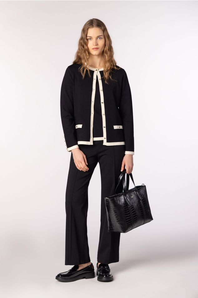Two-Tone Knit Twinset with Contrast Trims
