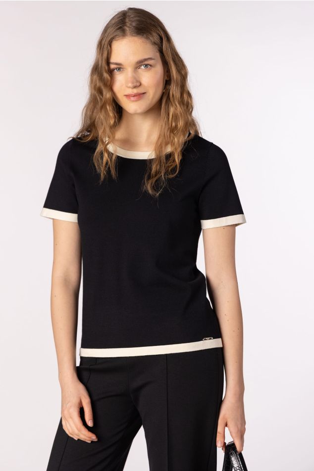 Short-Sleeved Knit Sweater with Contrast Trims