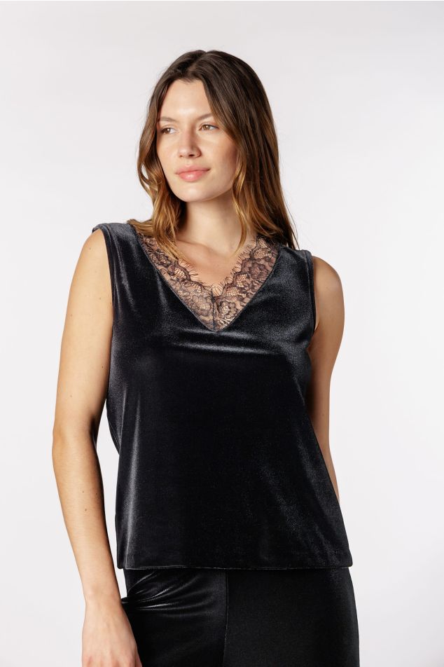 Velvet Jersey Top with Lace Neckline
