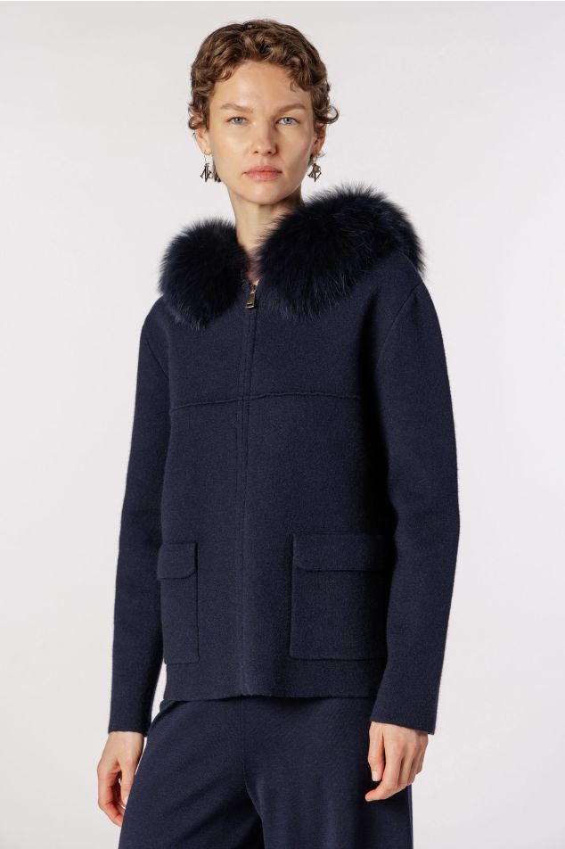Wool Knit Hooded Jacket with Fur