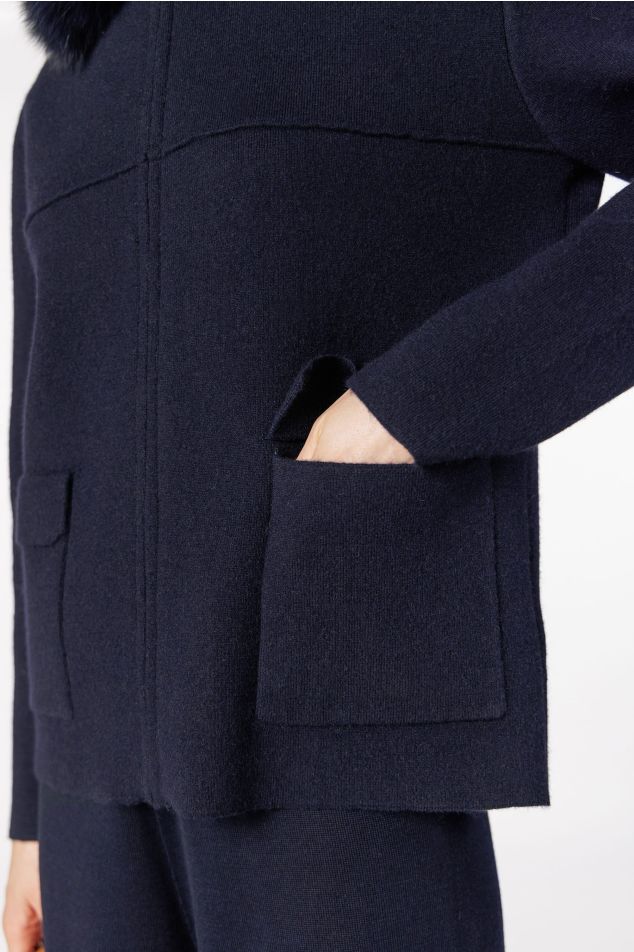 Wool Knit Hooded Jacket with Fur