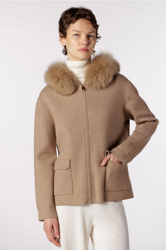 Wool Knit Hooded Jacket with Fur