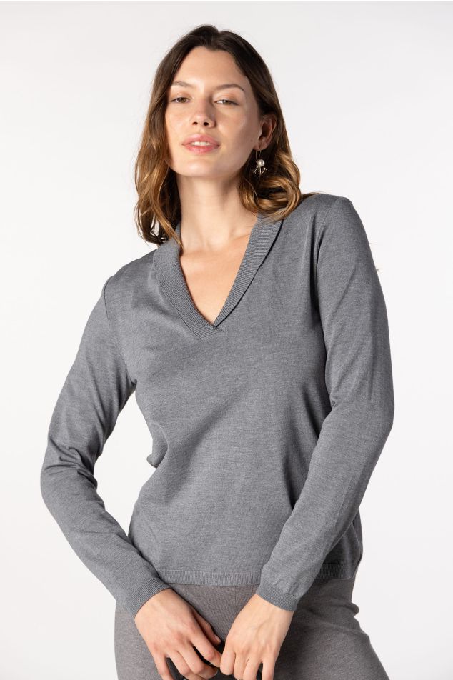 Plain Knit Sweater with Lapel Neckline