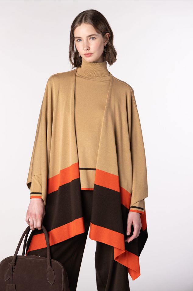 Plain Knit Cape with Contrasting Striped Hem