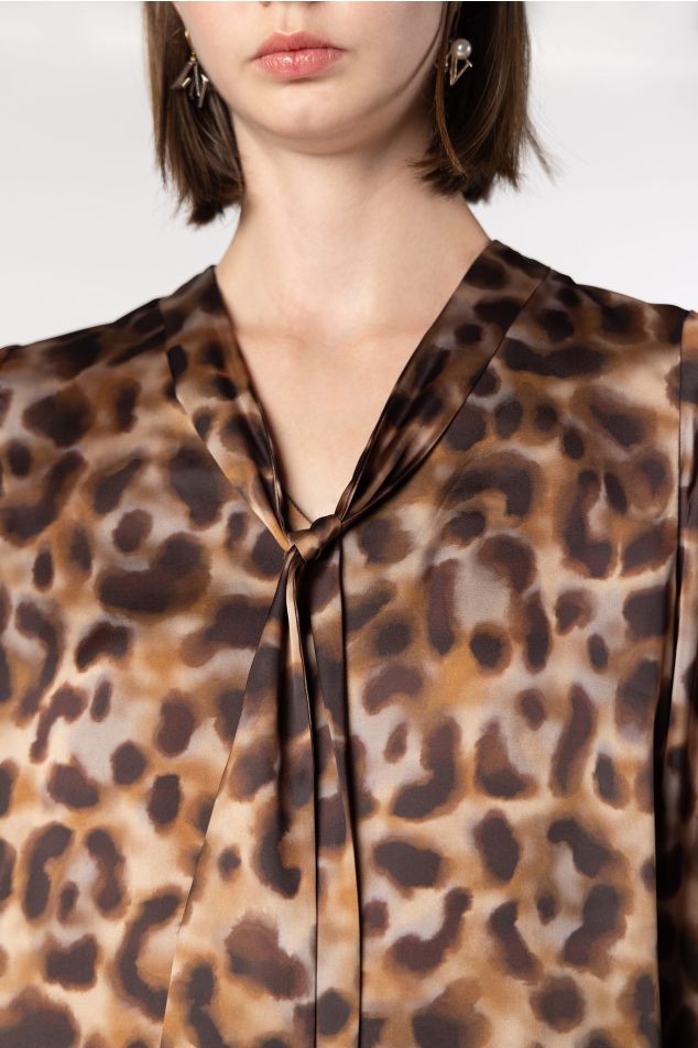 Animal Print Satin Blouse with Tie Neckline