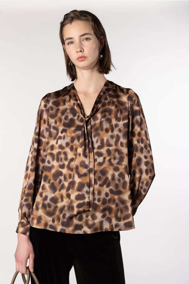 Animal Print Satin Blouse with Tie Neckline