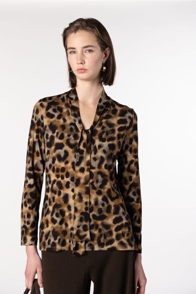 Animal Print Jersey Top with Tie Neckline