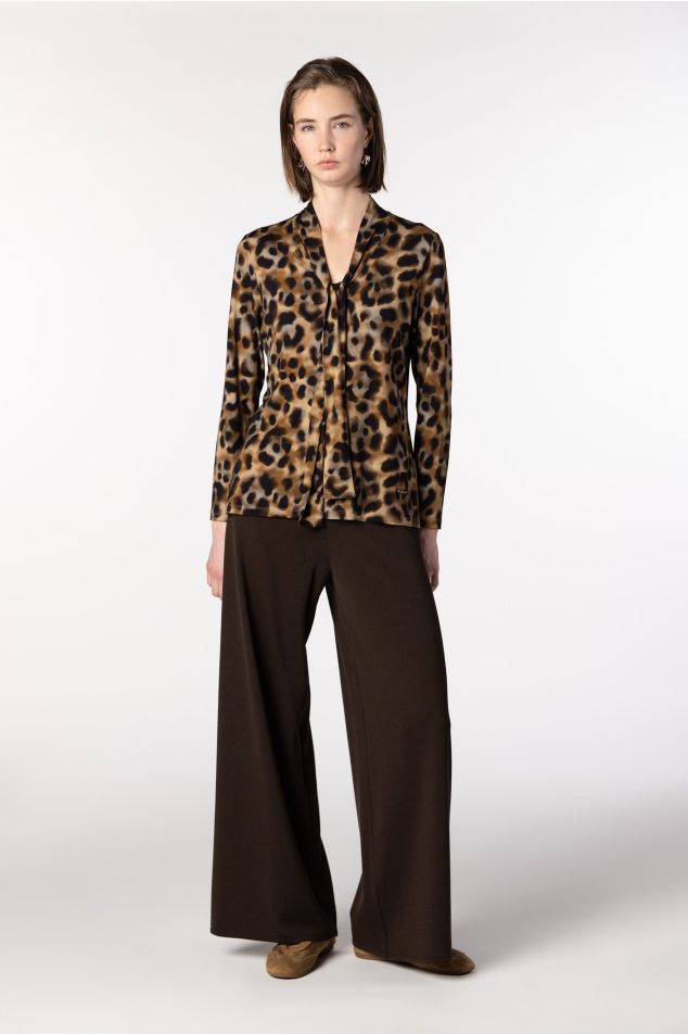 Animal Print Jersey Top with Tie Neckline
