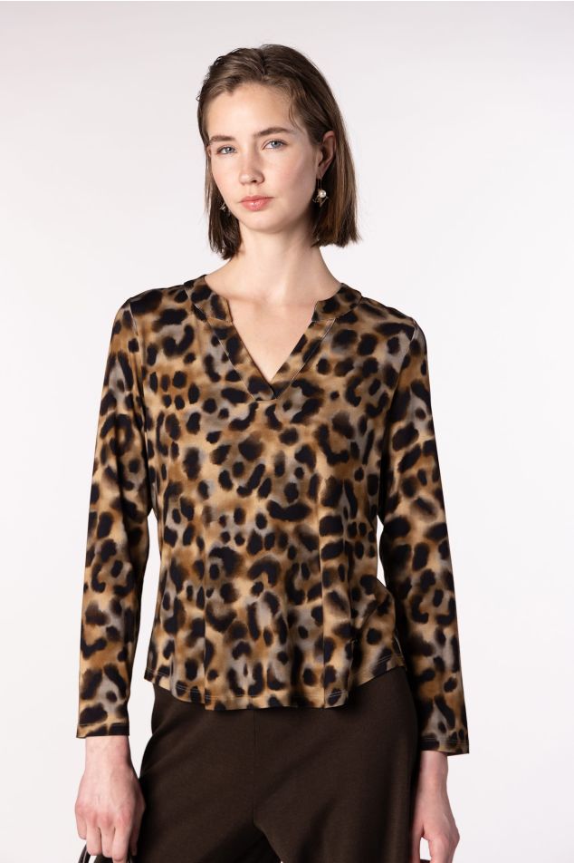 Animal Print Top with Mao Collar