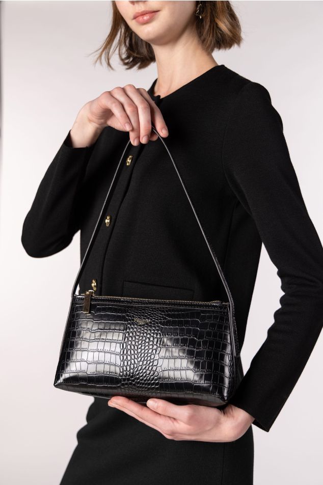 Small triangular baguette bag in crocodile-effect vegan leather