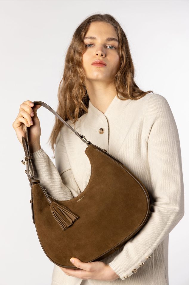 Suede Half-Moon Bag with Tassel Charm