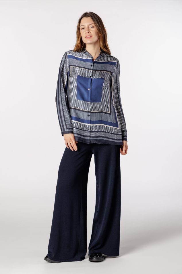Geometric Print Satin Shirt with Mao Collar