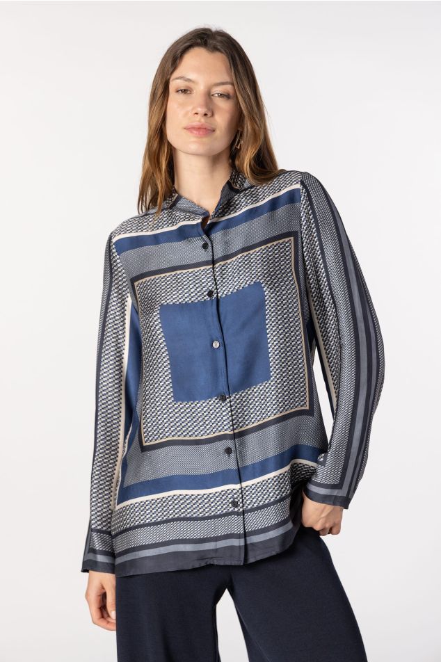 Geometric Print Satin Shirt with Mao Collar