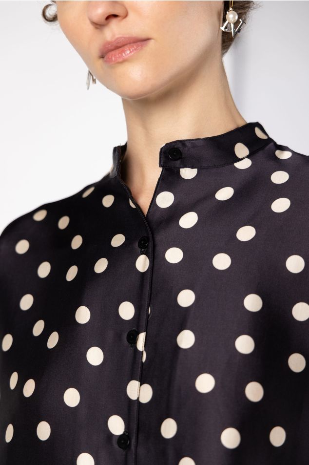Polka Dot Print Satin Shirt with Mao Collar
