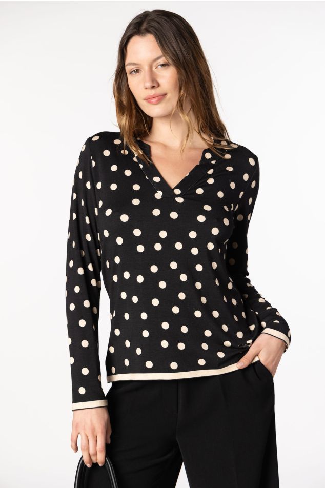 Polka Dot Print Top with Mao Collar