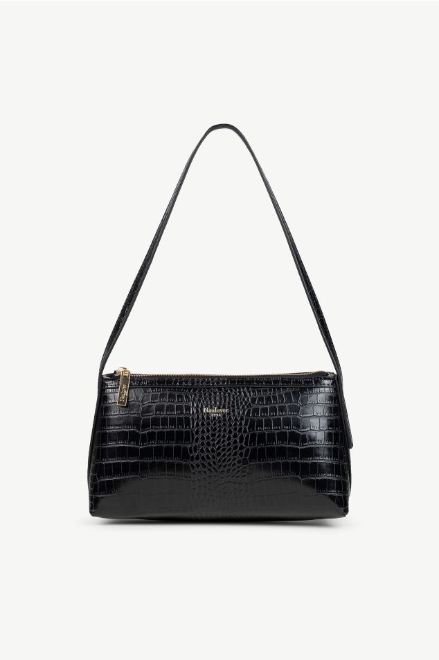 Small triangular baguette bag in crocodile-effect vegan leather