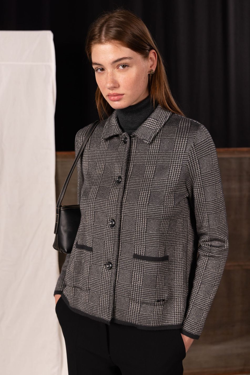 Chaqueta de punto jacquard cuadro gales con lúrex