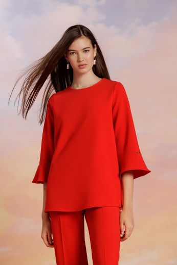 Flared cuffs stretch double-crepe blouse