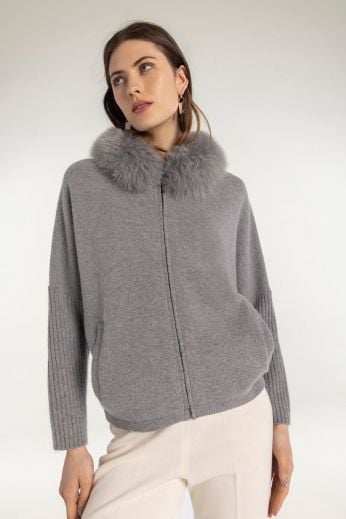 Fox fur collar knit jacket