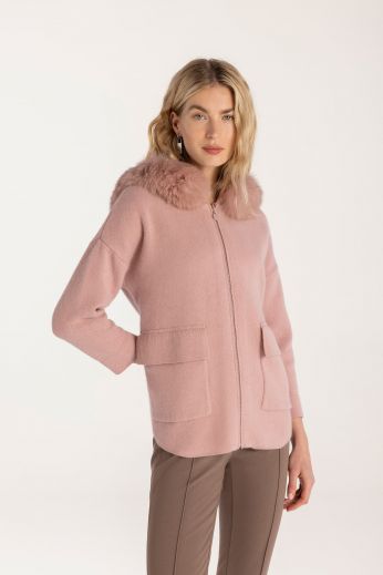 Fox fur collar knit jacket